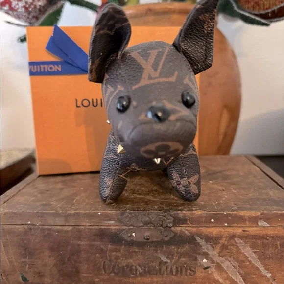 Up cycled from LV leather Monogram Dog Charm with Gold Chain - Picture 2 of 6